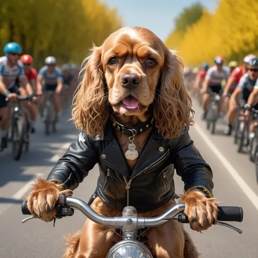 Prompt: A violent cocker spaniel dressed as an outlaw motorcyclist pedaling furiously on his bicycle in the Tour de France, ahead of pogacar