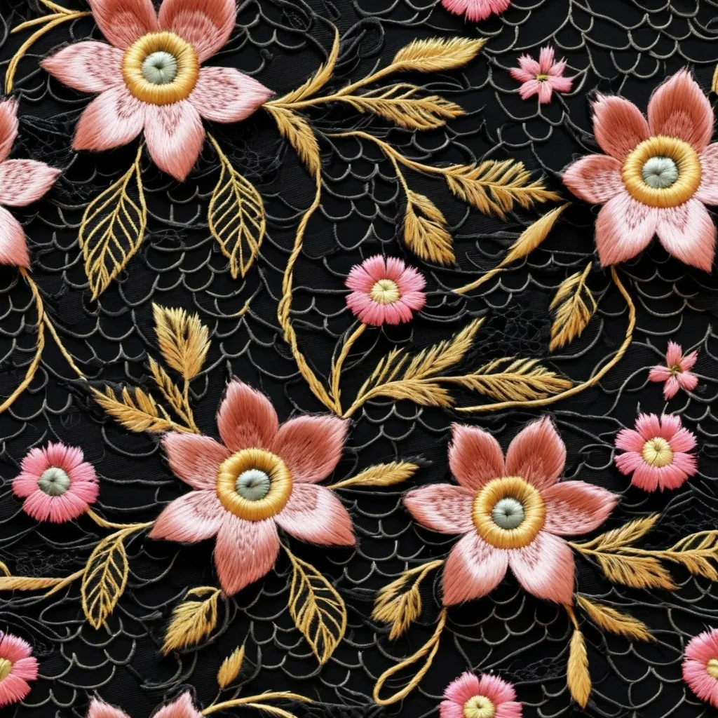 Prompt: embroidered flowers on black lace