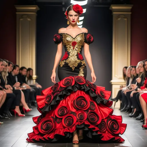 Prompt: red and black flamenco dress with gold embroidery and enhanced with red roses on a fashion runway