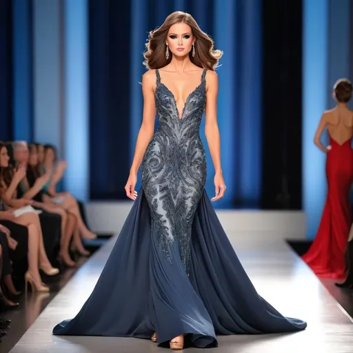 Prompt: evening gown on a fashion runway