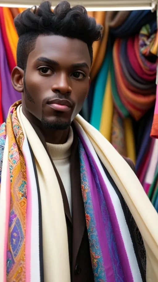 Prompt: Ebony Prince walking amongst his subjects in a fabric market filled with colorful fabrics of silk, wool, and cotton scarfs for sale. 