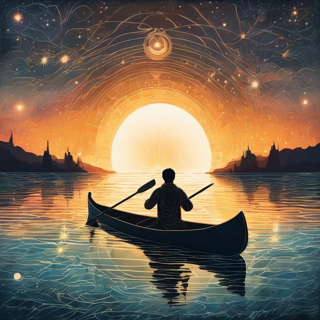 Prompt: At dusk, a man in a lone canoe drift across a calm ocean. Peering into the deep, he sees the sun glowing beneath the surface, submerged in the depths. Surrounding the sun, seven radiant stars encircle it like guardians, shimmering through the water as he watches in awe."
