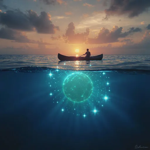 Prompt: At dusk, a man in a lone canoe drifts across a calm ocean. Peering into the deep, he sees the sun glowing beneath the surface, submerged in the depths. Surrounding the sun, seven radiant stars encircle it like guardians, shimmering through the water as he watches in awe."