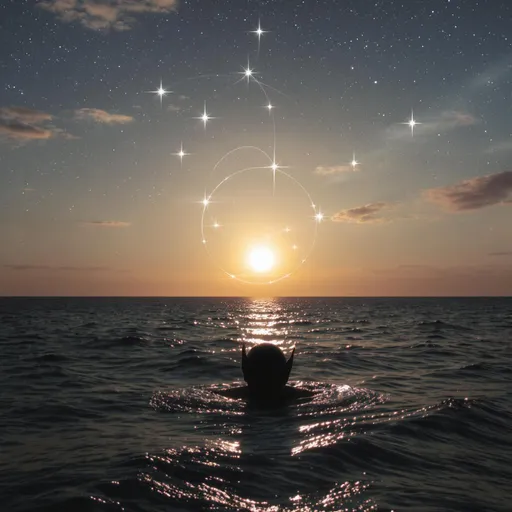 Prompt: "An ocean scene at dusk, the sun in the water, glowing Above the sun, seven stars orbit in a circular motion a mysterious human-like head gazes down at the scene, watching silently from the ocean."