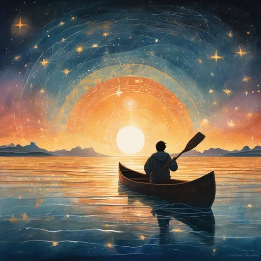Prompt: At dusk, a man in a lone canoe drift across a calm ocean. Peering into the deep, he sees the sun glowing beneath the surface, submerged in the depths. Surrounding the sun, seven radiant stars encircle it like guardians, shimmering through the water as he watches in awe."