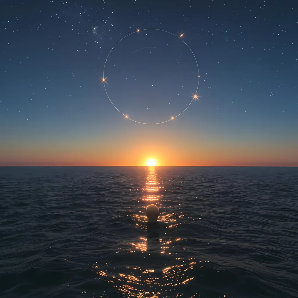 Prompt: "An ocean scene at dusk, with the sun submerged in the water, glowing at the horizon. Above the sun, seven stars orbit in a circular motion, casting reflections on the ocean surface. From high above, a mysterious human-like head gazes down at the scene, watching silently from the ocean."