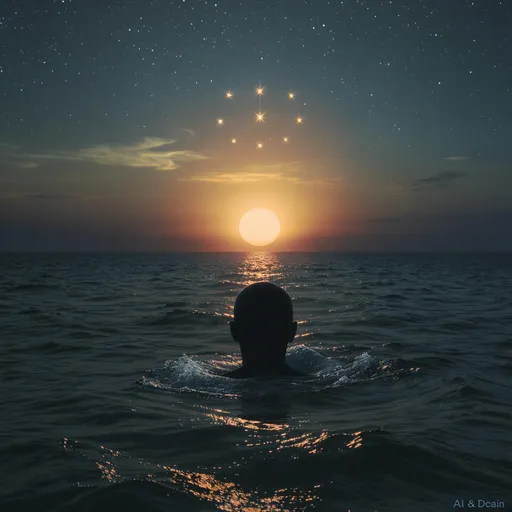 Prompt: "An ocean scene at dusk, the sun in the water, glowing Above the sun, seven stars orbit in a circular motion a mysterious human-like head gazes down at the scene, watching silently from the ocean."