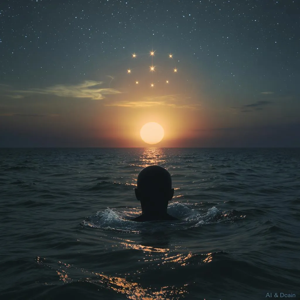 Prompt: "An ocean scene at dusk, the sun in the water, glowing Above the sun, seven stars orbit in a circular motion a mysterious human-like head gazes down at the scene, watching silently from the ocean."