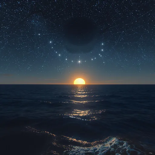 Prompt: "An ocean scene at dusk, with the sun submerged in the water, glowing at the horizon. Above the sun, seven stars orbit in a circular motion, casting reflections on the ocean surface. From high above, a mysterious human-like head gazes down at the scene, watching silently from the ocean."