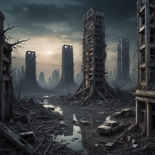 Prompt: 
In the twilight of humanity's existence, the world succumbs to the silent embrace of entropy, as civilizations crumble beneath the weight of ecological collapse, technological hubris, and the haunting echoes of forgotten ambitions.