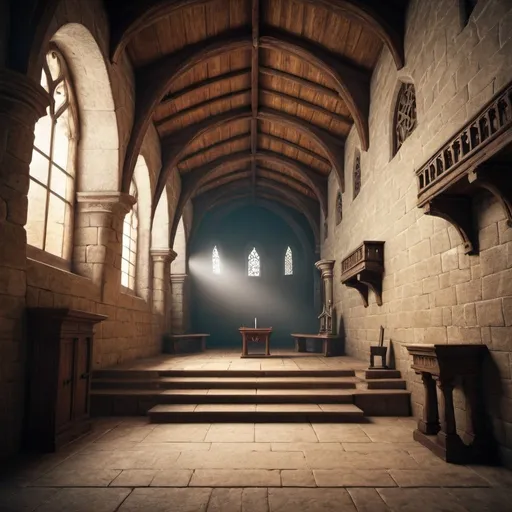 Prompt: mystical medieval hall with podium at the end