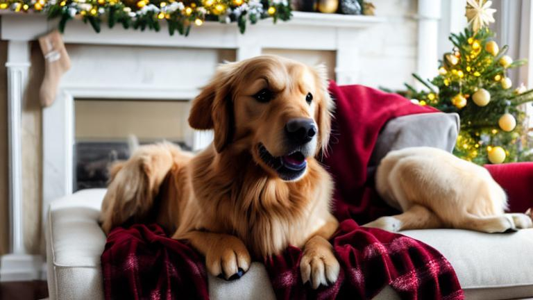 Prompt: super realistic , golden retriever, on a couch, with a fireplace beside it with a christmas tree on the left of the couch