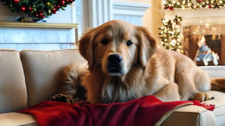 Prompt: super realistic , golden retriever, on a couch, with a fireplace beside it with a christmas tree on the left of the couch