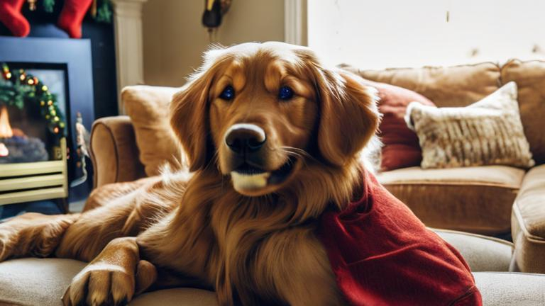 Prompt: super realistic , golden retriever, on a couch, with a fireplace beside it with a christmas tree on the left of the couch with a red-haired 13 year old boy with a lot of freckles petting the dog 