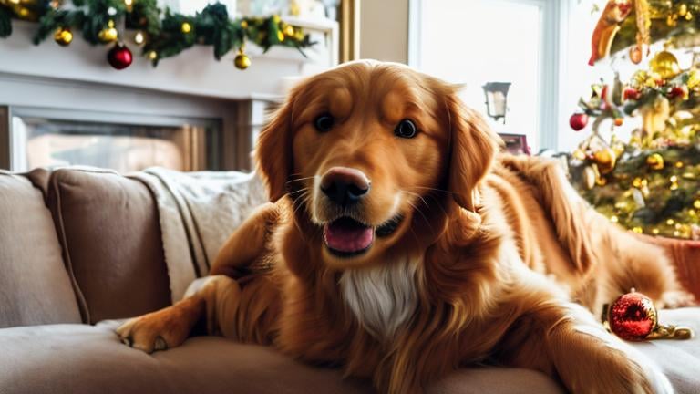 Prompt: super realistic , golden retriever, on a couch, with a fireplace beside it with a christmas tree on the left of the couch with a red-haired 13 year old boy with a lot of freckles petting the dog 