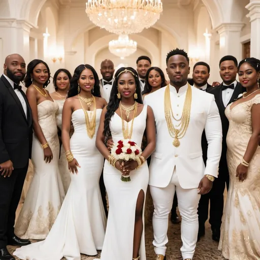 Prompt: a lavish wedding with the bride wearing an amazing dress which is white  and the bride is white and so is the groom and a  black lady is standing infront of them facing the camera with an even better dress  with gold necklaces and braclets    . make everyone white except one lady
