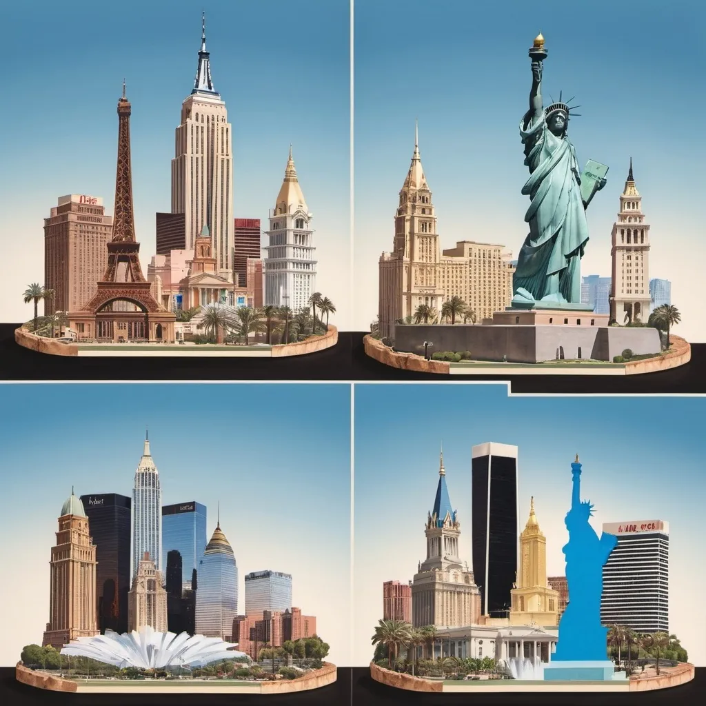 Prompt: 
 realistic collage of New York, las Vegas, Philadelphia and Los Angeles landmarks in slices
