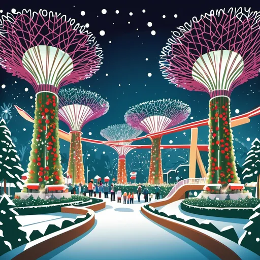 Prompt: Illustration of Singapore’s gardens by the bay during Christmas night. It should be complex and inspired by “Where’s Waldo” style. Add snow and Christmas lights. Cartoon art style