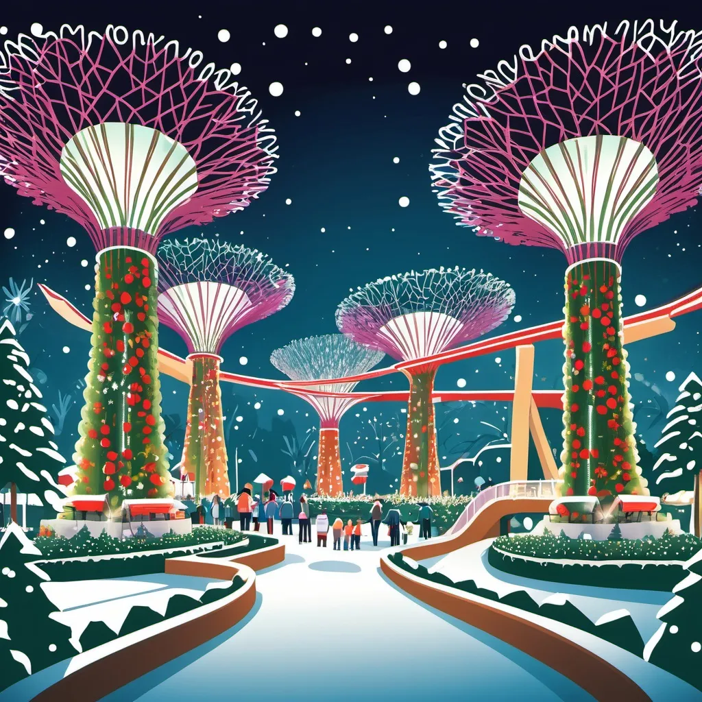 Prompt: Illustration of Singapore’s gardens by the bay during Christmas night. It should be complex and inspired by “Where’s Waldo” style. Add snow and Christmas lights. Cartoon art style