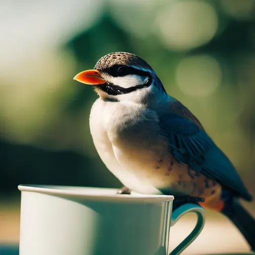 Prompt: A Bird sitting on the cup
