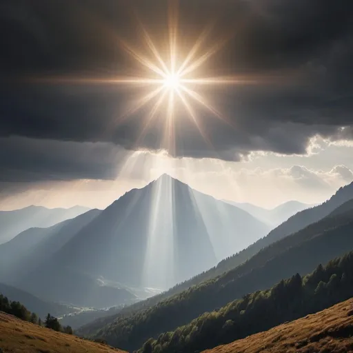 Prompt: create an image of specs which reflecting the beam of sunlight in a mountainy region and cloudy reagion


