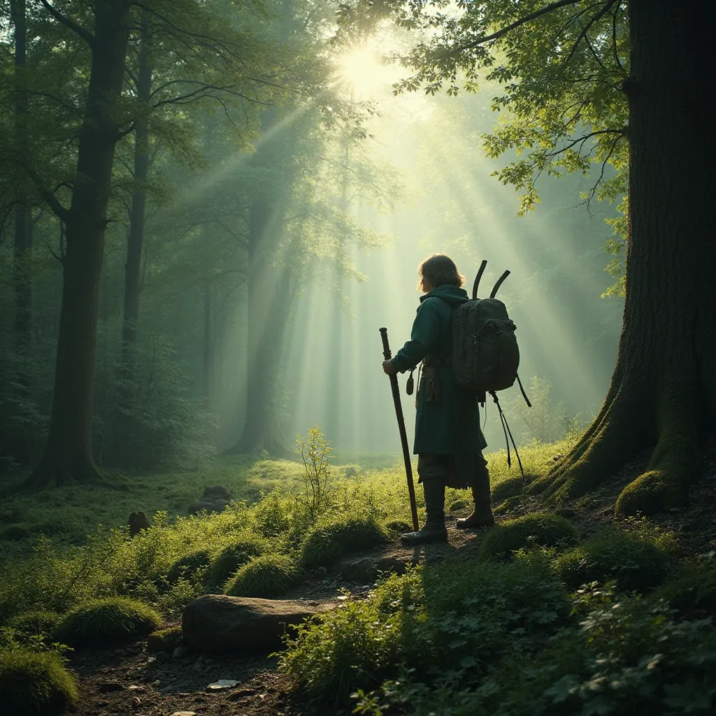 Prompt: Elf ranger in a mystical forest around sunlight