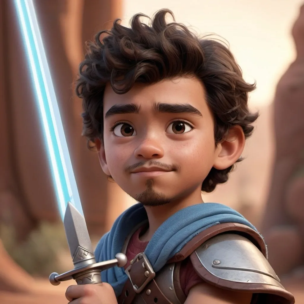 Prompt: Disney pixar character, portrait, 3d render style, young warrior, latino, beard, with his light sword, cinematic colors