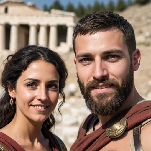 Prompt: 30 year old Spartan soldier with full beard looking at the camera and smiling softly with ancient Greek woman behind him