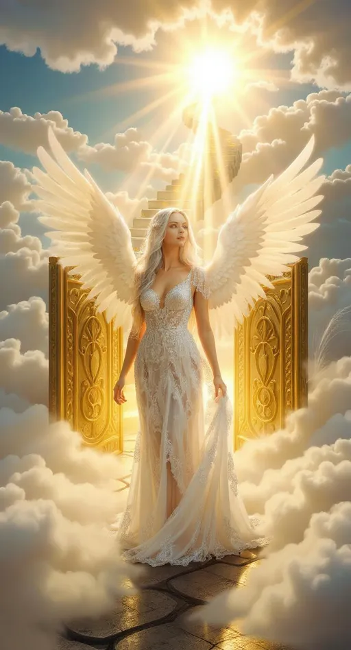 Prompt: A majestic female angel with long silver hair and large glowing white wings stands before enormous closed golden gates of Heaven. She wears a flowing white gown that gently moves with the celestial breeze. The gates are richly decorated with divine patterns and surrounded by glowing clouds. Light beams break through the sky above, creating a sacred atmosphere. The angel stands on a golden cloud-covered path, looking up with reverence. Ultra-realistic, cinematic divine style, warm heavenly tones, ethereal light, highly detailed.