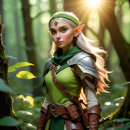 Prompt: Elf ranger in a mystical forest around sunlight