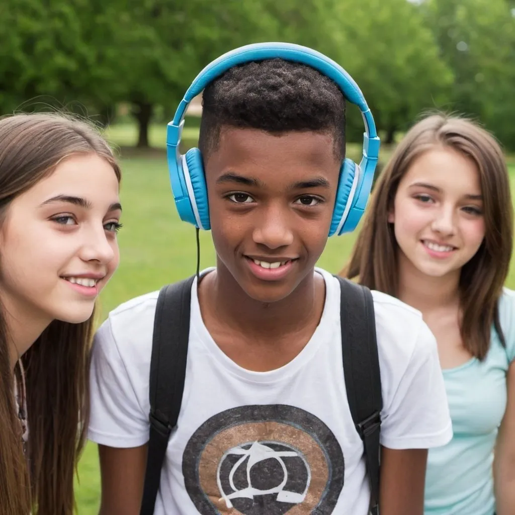 Prompt: Teenager with friends wearing headphones
