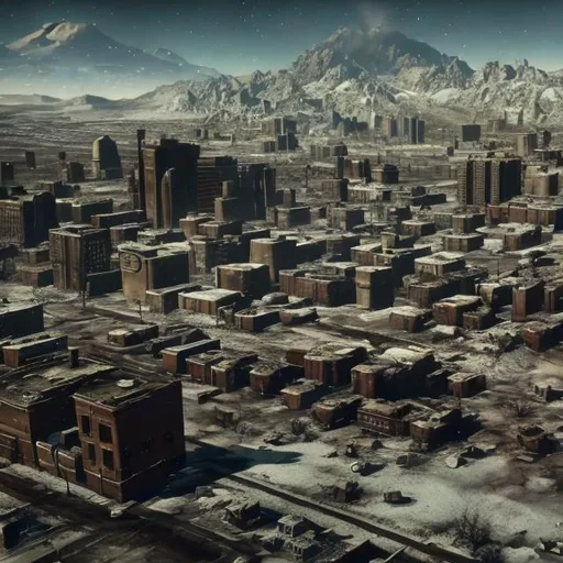 Prompt: aerial view of Denver Colorado in a fallout game, realistic, google maps, nuclear winter, eerie