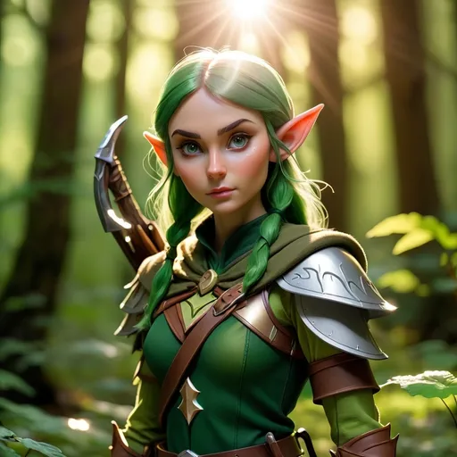 Prompt: Elf ranger in a mystical forest around sunlight