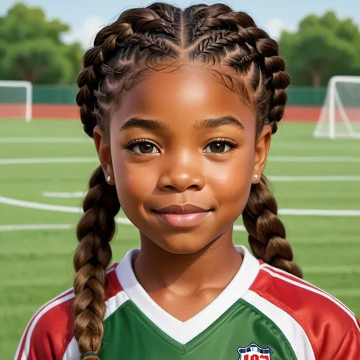 Prompt: draw a realistic 10 year old gabrielle union her skin is silky brown. sliim face dark thick eyebrows. she wears a red and white soccer jersey numbered 9. pretty face, brown caramel skin. her hair in 5 cornrow braids down her back. big beautiful deep eyes. she stand confident in the center of a green track playing field   