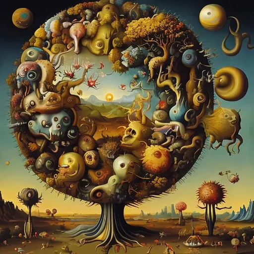 Prompt: bosche painting of earthly delights, devils, oil painting, golden ratio, vibrant colors, yellow ochre sky, angels and demons, surreal trees and flowers