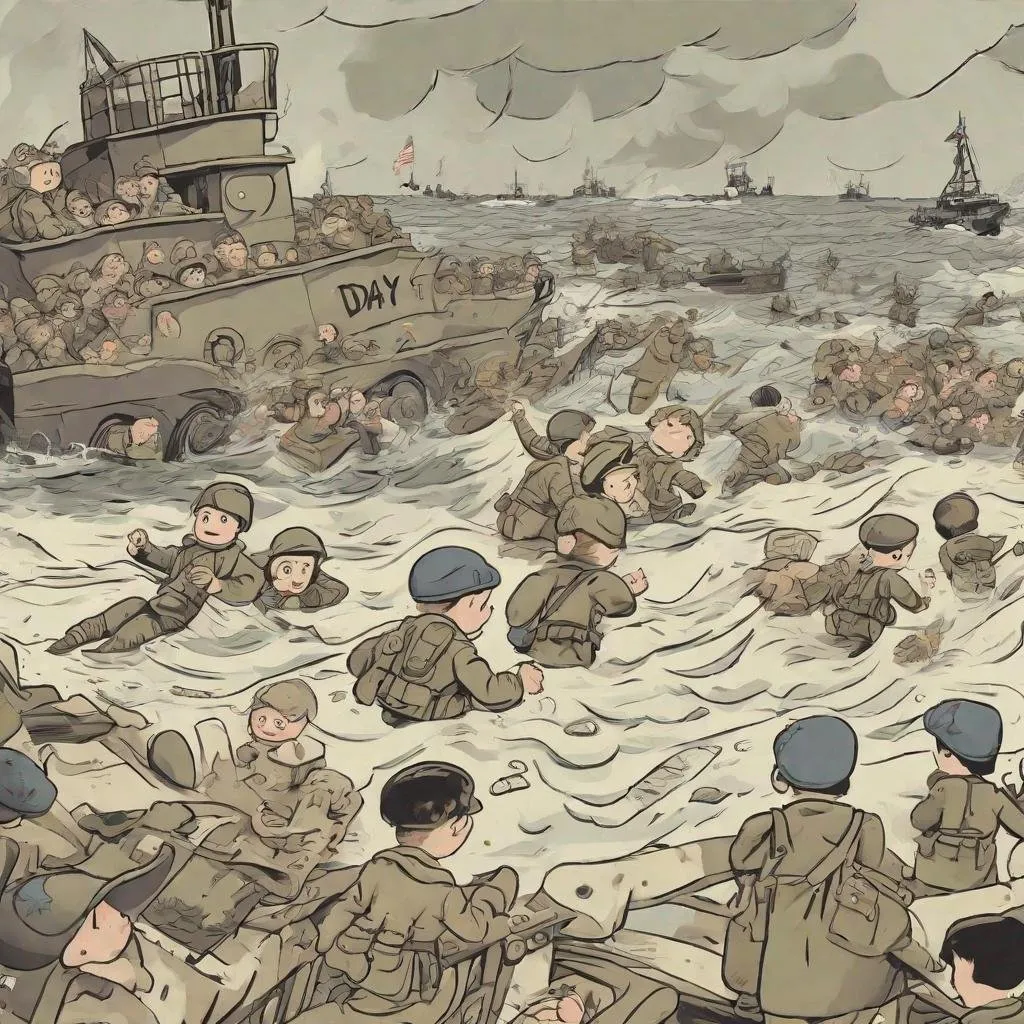 Prompt: Children experiencing the chaos of D-Day, cartoon style
