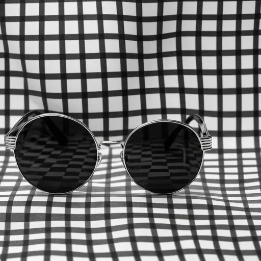 Prompt: black and white check wallpaper with a pair of large round wire rimmed sunglasses in the middle




