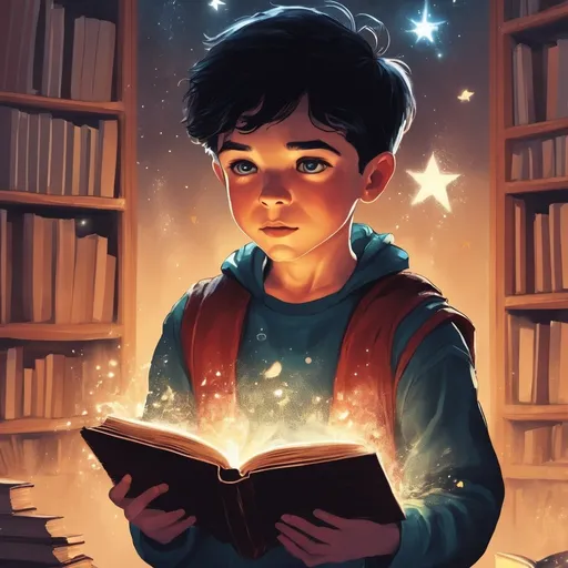Prompt: boy, magical book, illustration