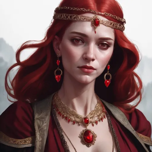 Prompt: a woman with red hair and a red dress with a red necklace and earrings on her head and a red hair, fantasy art, character portrait 