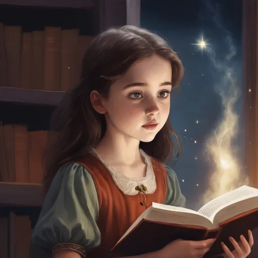Prompt: young girl, looking to the left, magical, book illustration