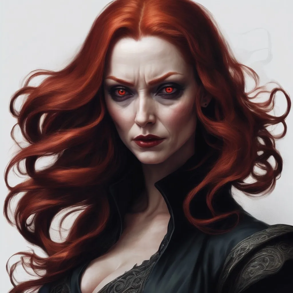 Prompt: evil villain, woman with flowing wavy red hair, semi-realistic, illustration