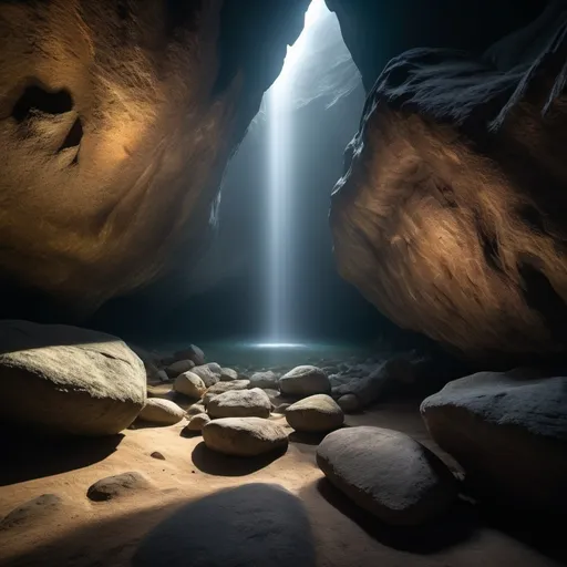 Prompt: (photorealistic) vivid light streaming, illuminating a dark cave, contrast of shadows and highlights, intricate rock formations, atmospheric mist, captivating depth, enhancing textures of stone, enchanting ambiance, tranquil yet awe-inspiring, accentuating the ethereal beauty of nature, invoking feelings of wonder and exploration, ultra-detailed, 4K quality.