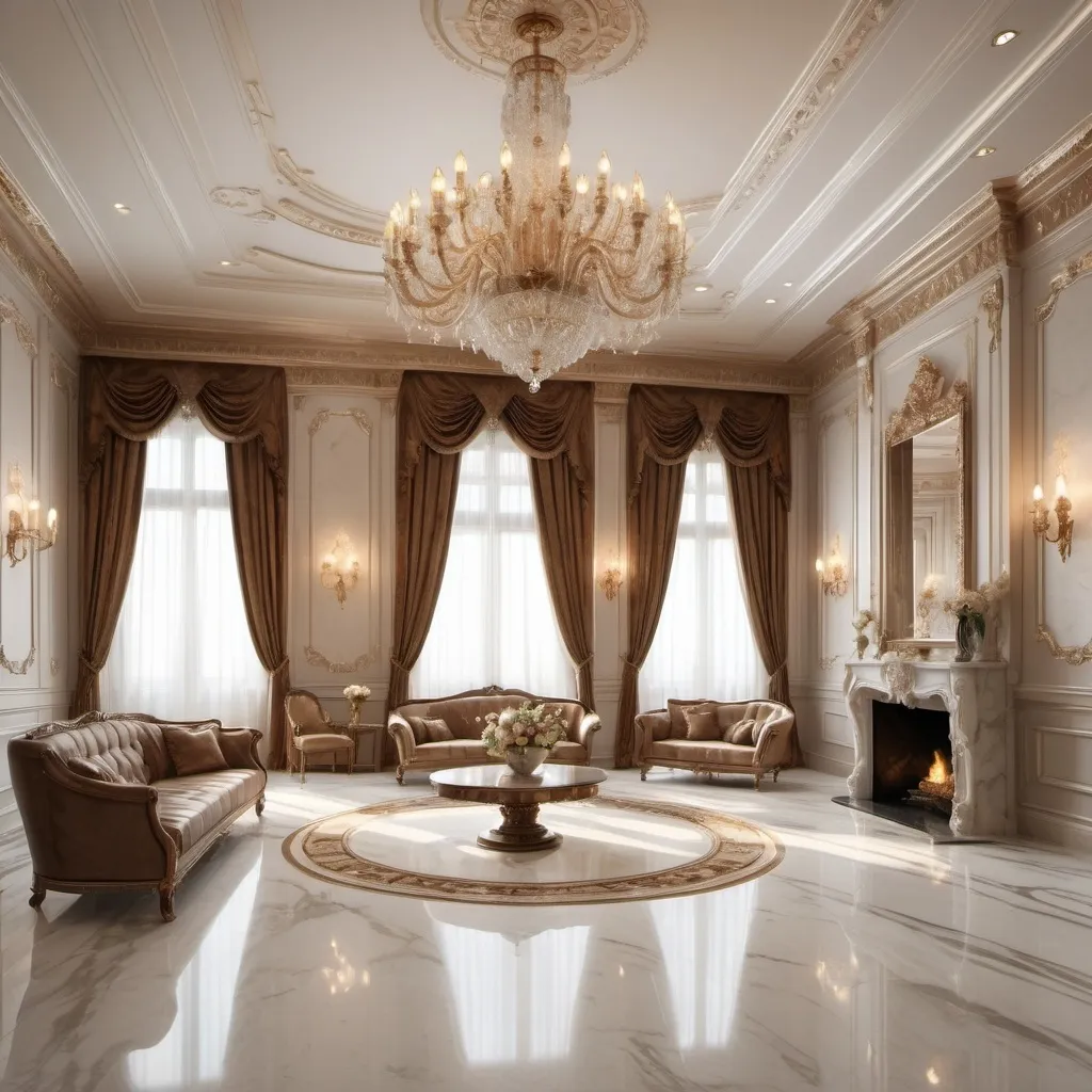 Prompt: photorealistic, (luxurious) interior of a mansion, stunning high-gloss (marble) floor reflecting light, ornate chandeliers hanging from the ceiling, intricate moldings and elegant wallpaper, softly diffused ambient light creating a (warm) atmosphere, timeless elegance, high quality, ultra-detailed, opulent furnishings strategically placed throughout the room.