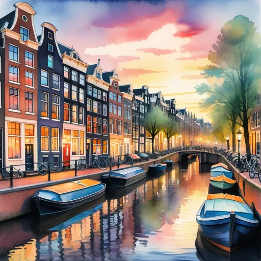 Prompt: A dreamy  Van Gough-like impressionist watercolor illustration of the enchanting canals of Amsterdam, Netherlands, where vibrant, multi-colored houses with charming gabled roofs lean gracefully toward the shimmering water. The soft glow of twilight casts a gentle light across the scene, reflecting intricate patterns on the canal's surface, while wispy clouds lazily drift in the pastel sky. Along the water's edge, tulips in full bloom add splashes of color, their petals dancing in the light breeze. A small wooden boat floats quietly, its shadow rippling beneath the surface as a couple smiles, lost in the charm of this idyllic setting. The tranquil atmosphere invites the viewer to pause and experience the peaceful essence of this picturesque locale.
