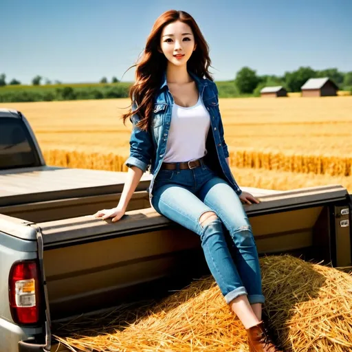 Prompt: photorealistic, (Irene sitting on the back of a pickup truck), serene expression, surrounded by vast crop field, warm golden sunlight illuminating the scene, scattered hay stacks in the background, vibrant greens and rustic browns, clear blue sky stretching above, nostalgic countryside ambiance, HD, ultra-detailed, inviting and peaceful atmosphere