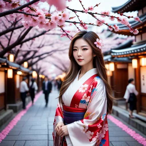 Prompt: photorealistic image, (stunning) Japanese woman, long flowing hair, wearing traditional kimono, vibrant cherry blossom trees in the background, bustling Tokyo streets, bright neon lights casting colorful reflections, warm, inviting atmosphere, (intricate details) on clothing, soft lighting highlighting facial features, 4K clarity, capturing the essence of modern urban culture blended with traditional beauty, tranquil yet dynamic ambiance.