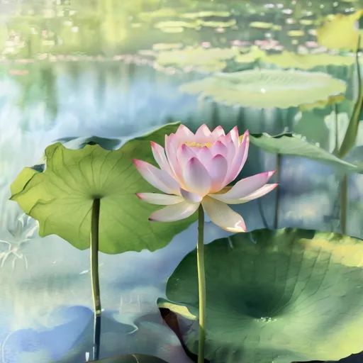 Prompt: (vibrant) lotus flower, elegantly blooming in a serene pond, surrounded by lush green lily pads, soft pastel colors, (tranquil atmosphere), gentle ripples in the water, delicate light reflections, graceful composition, natural harmony, (watercolor style), high-quality details, (nature scene) capturing beauty and calm, inviting tranquility.