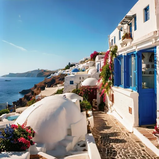Prompt: Visualize a stunning midday scene of Santorini Island, Greece, where the sun shines brilliantly, casting a warm glow over the iconic whitewashed houses that cascade down the cliffs. Each building, adorned with vibrant blue domes, reflects the shimmering azure of the Aegean Sea below. The sky is an endless canvas of cerulean, dotted with wispy clouds that lazily float by, while the gentle breeze carries the scent of salty sea air. In the foreground, a narrow, winding path lined with blooming bougainvillea leads to a quaint terrace where a couple gazes out at the breathtaking vista, their expressions filled with wonder. This vivid photorealistic image captures the essence of a perfect Mediterranean day, highlighting both the tranquility and the allure of this enchanting island.