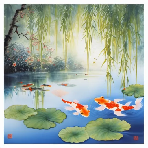 Prompt: In this serene scene, envision a tranquil Chinese-style pond illuminated by soft, dappled sunlight filtering through delicate willow branches, casting playful shadows on the water's surface. The koi fish, with its bright orange and white scales glistening, gracefully glides through the crystalline water, creating gentle ripples that disturb the reflection of lush green foliage above. Nearby, a small frog, its skin a vibrant green with speckled patterns, sits perched on a broad lily pad, its curious eyes scanning the surroundings. Delicate lotus flowers bloom around the pond, their petals unfurling like whispers of serenity, while dragonflies flit above, their iridescent wings shimmering in the warm light. This scene captures the essence of tranquility and harmony.