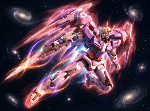 Prompt: A (Gundam-00-Qan T) soaring through the vastness of space, vibrant streaks of cosmic colors illuminating its sleek design, starry backdrop dotted with distant galaxies, beams of energy radiating from the (trans am raiser mode), showcasing advanced technology; ultra-detailed, high-quality rendering, epic futuristic ambiance, an atmosphere of power and speed, emphasizing the grandeur of spatial flight.